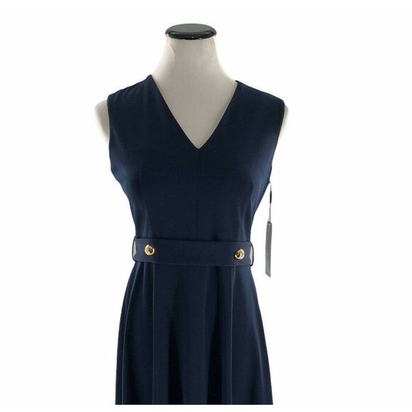 Calvin Klein Sleeveless Fit & Flare Womens Back Zip Button Waist Dress Size 6 - Picture 2 of 7